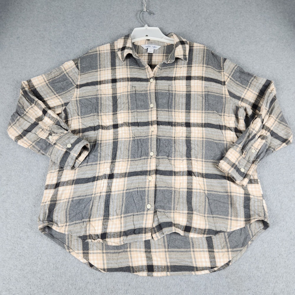 Old Navy The Boyfriend Shirt Women Large Gray Tan Plaid Flannel Cotton Button Up